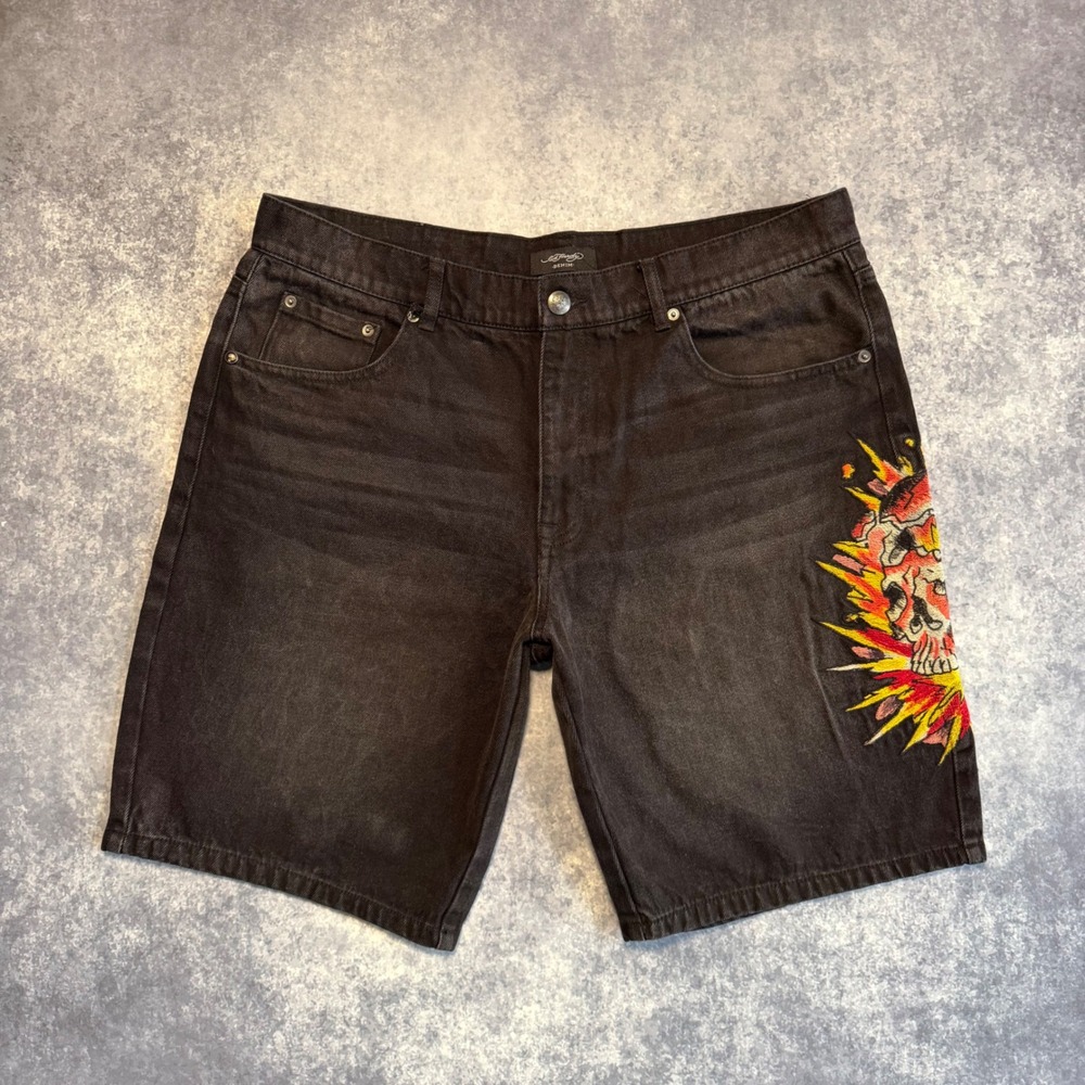 Ed Hardy Mens Embroidered Exploding Skull Graphic Jean Shorts Faded Black 36 Y2K